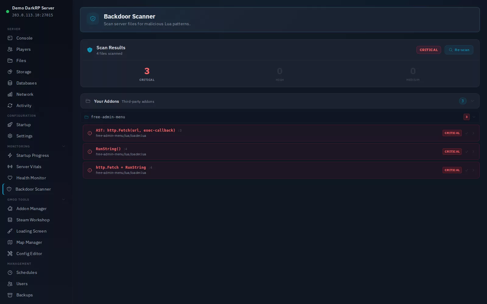 Zeros Host Backdoor Scanner results flagging a malicious free-admin-menu addon with critical severity