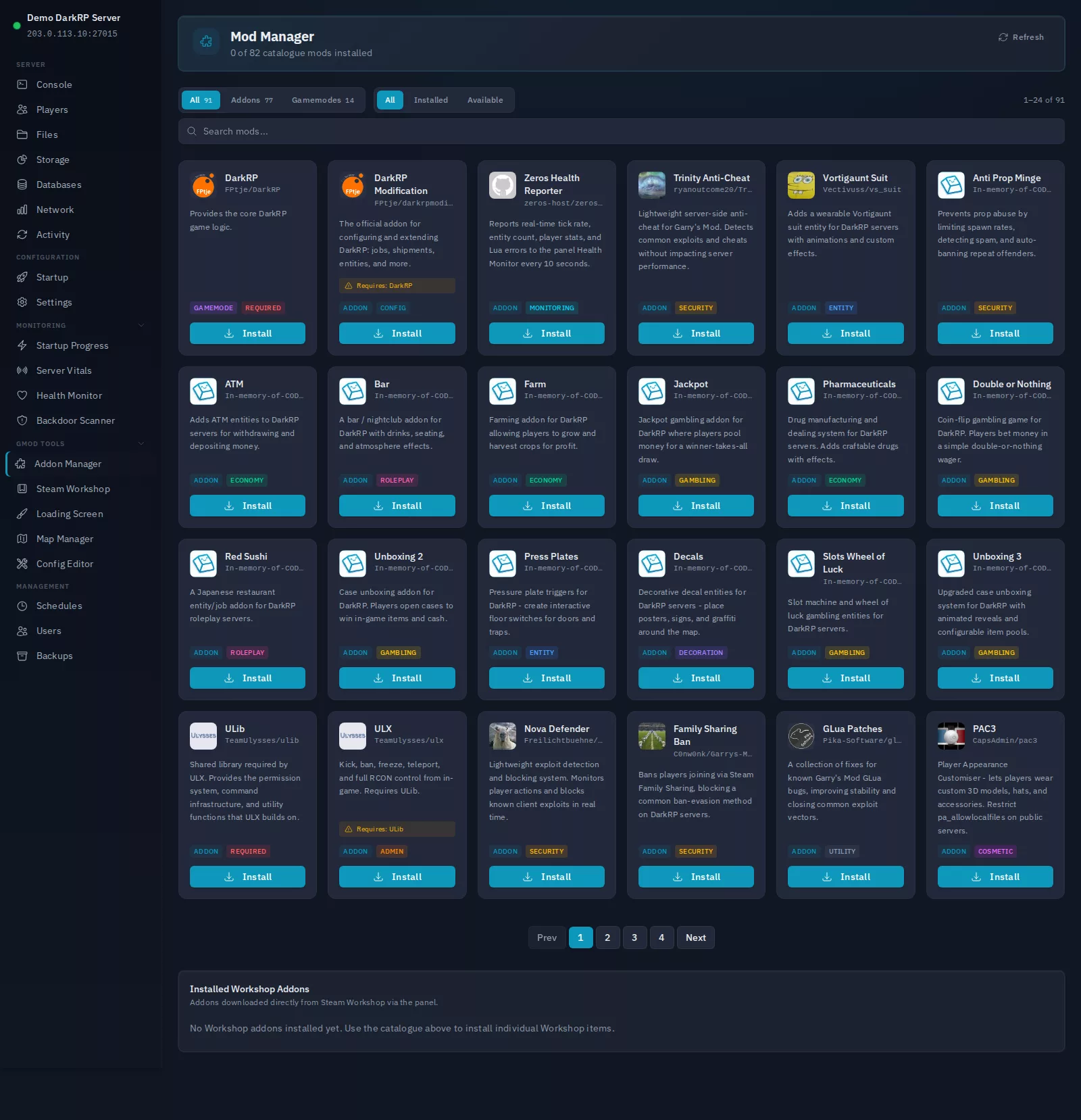 Zeros Host Mod Manager showing the GMod DarkRP addon catalogue with one-click install