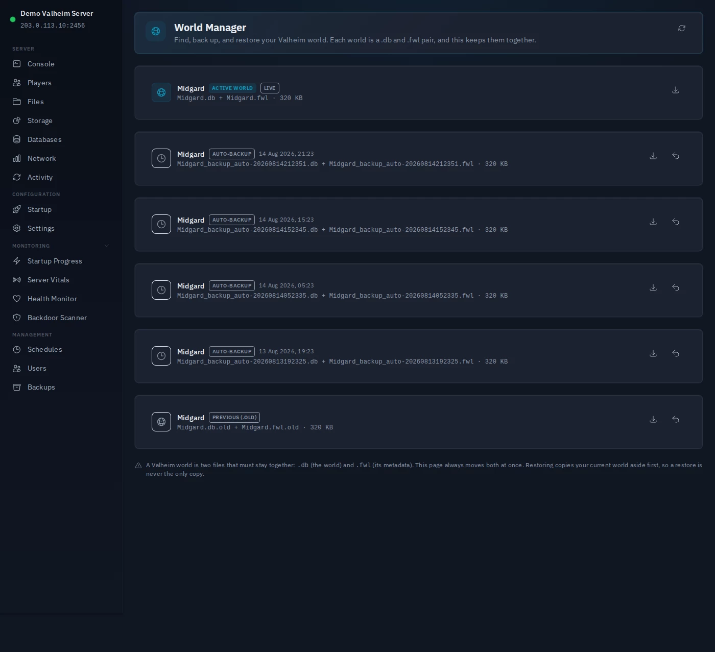 The Zeros Host World Manager on a Valheim server, listing the live Midgard world save pair alongside its older rollback and timed auto-backups, each with restore and download controls