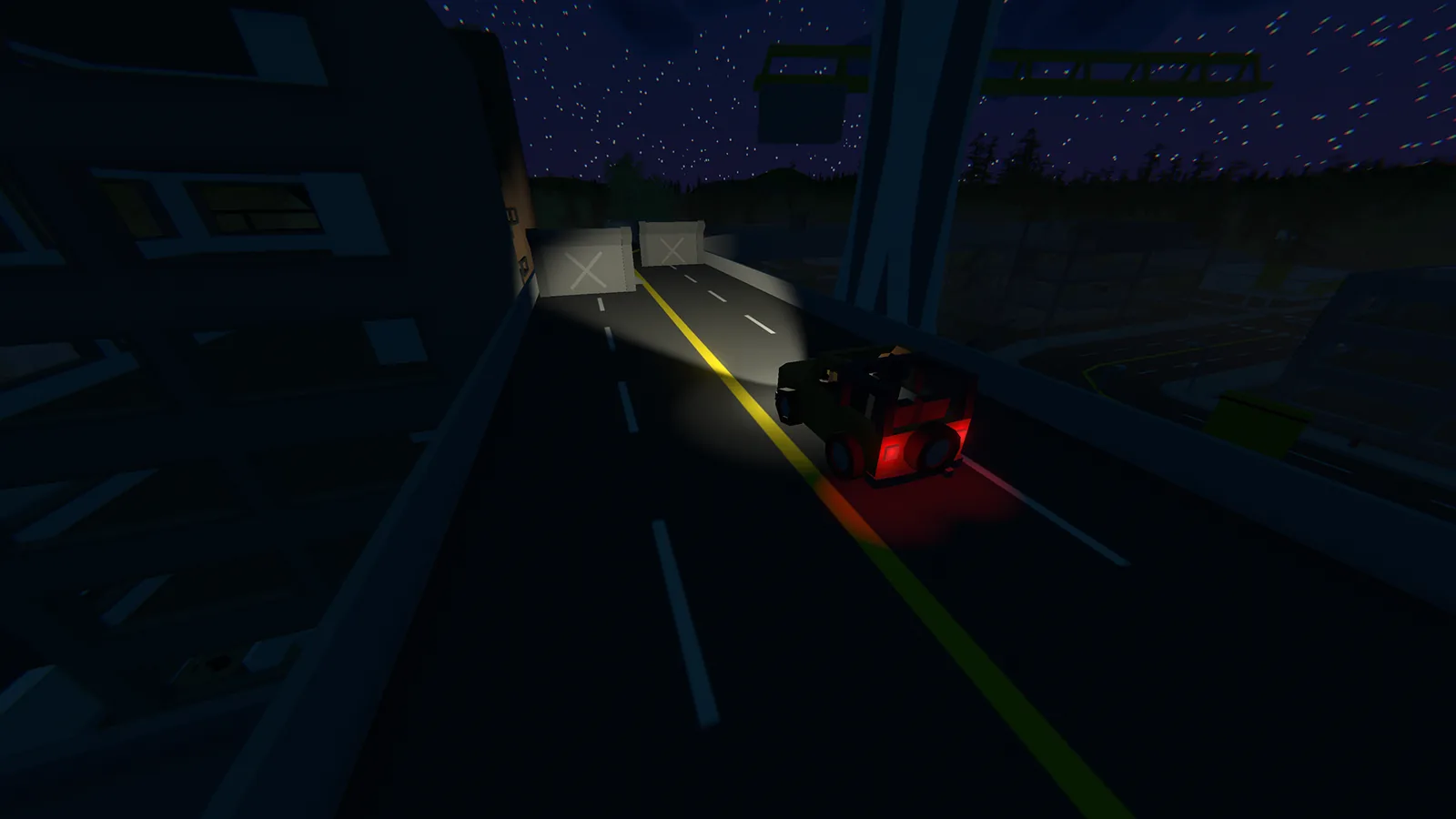 Unturned player driving a car through Seattle at night with headlights lit