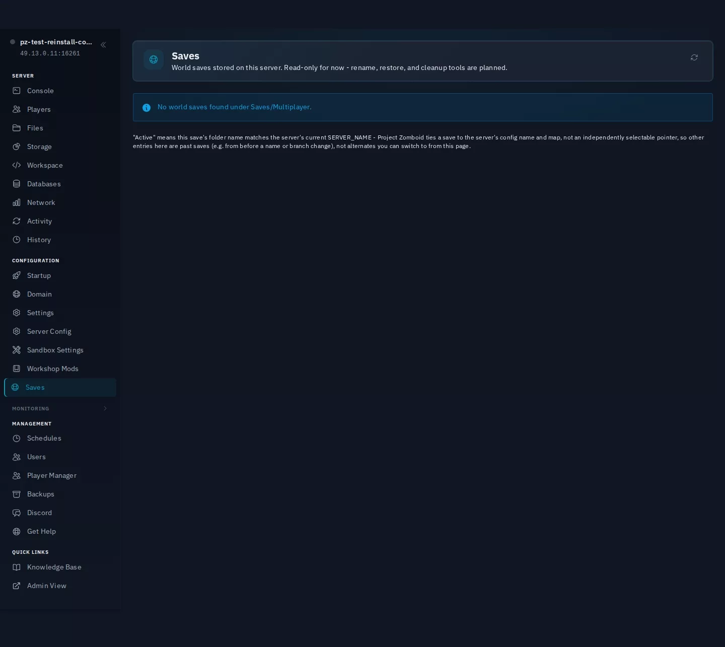 The Saves page in the Zeros Host panel, listing world saves stored on the server